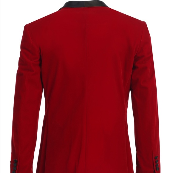 Men's Premium Slim Fit Red with Black Shawl Lapel Velvet Tuxedo Jacket - Picture 3 of 4